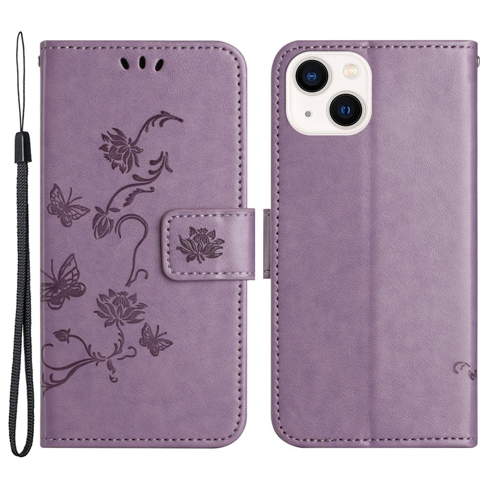 Wallet Stand Phone Case for iPhone 15 Plus , Butterfly Flower Imprinted PU Leather Phone Cover