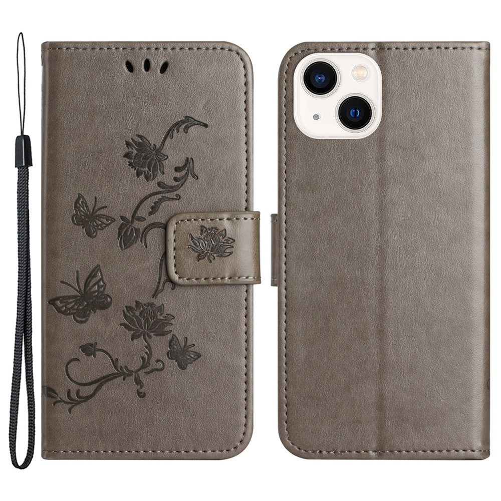 Wallet Stand Phone Case for iPhone 15 Plus , Butterfly Flower Imprinted PU Leather Phone Cover