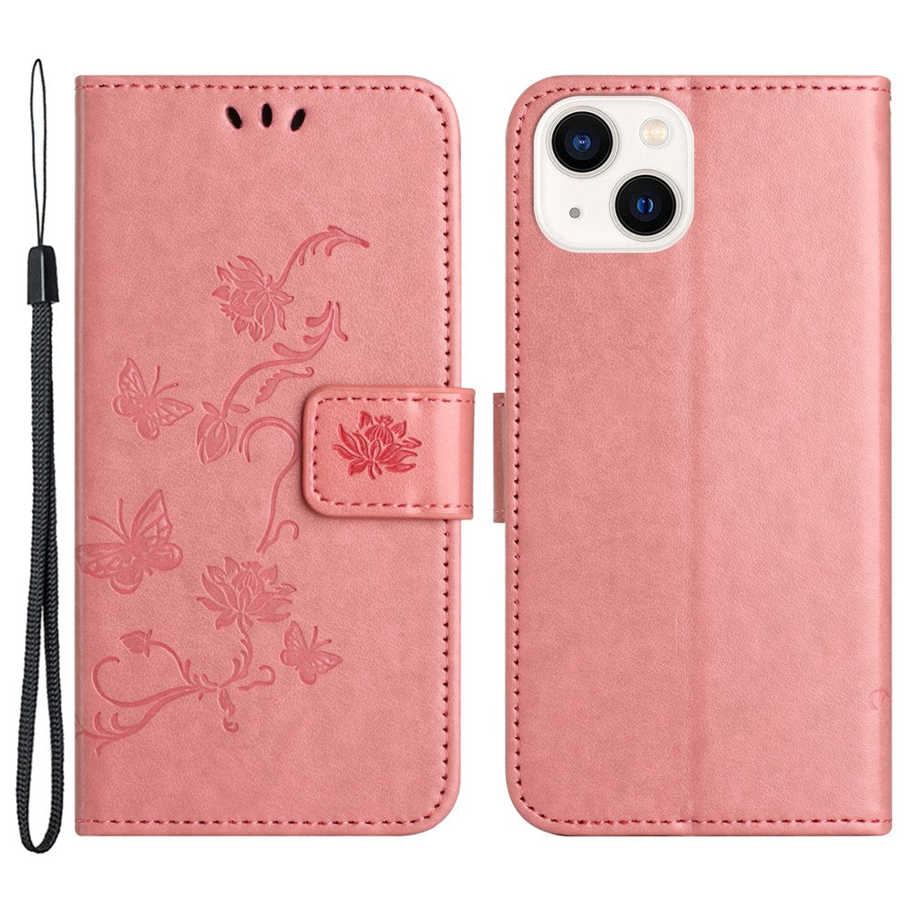 Wallet Stand Phone Case for iPhone 15 Plus , Butterfly Flower Imprinted PU Leather Phone Cover