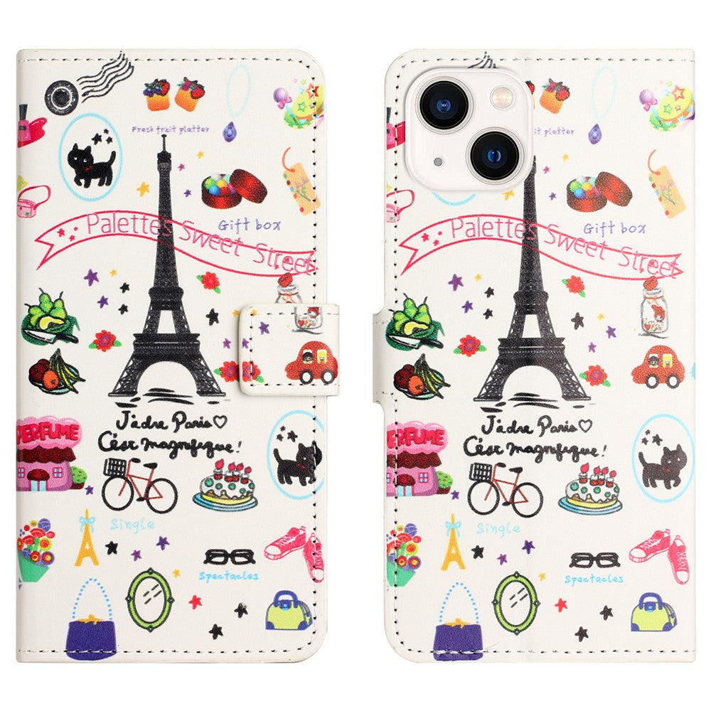 For iPhone 15 Pattern Printing Flip Case PU Leather Stand Wallet Phone Cover