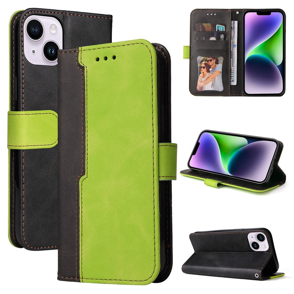 For iPhone 15 Plus Business Style Phone Case Stand Wallet Dual-Color Splicing PU Leather Cover