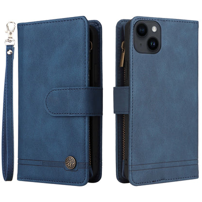 For iPhone 15 Plus Zipper Pocket Phone Case Imprinted Skin-touch Wallet Stand Multiple Card Slots PU Leather Cover