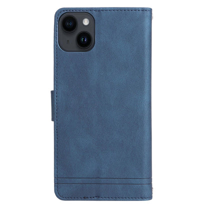 For iPhone 15 Plus Zipper Pocket Phone Case Imprinted Skin-touch Wallet Stand Multiple Card Slots PU Leather Cover