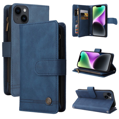 For iPhone 15 Plus Zipper Pocket Phone Case Imprinted Skin-touch Wallet Stand Multiple Card Slots PU Leather Cover