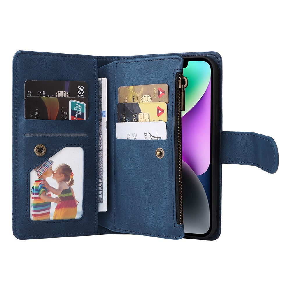 For iPhone 15 Plus Zipper Pocket Phone Case Imprinted Skin-touch Wallet Stand Multiple Card Slots PU Leather Cover