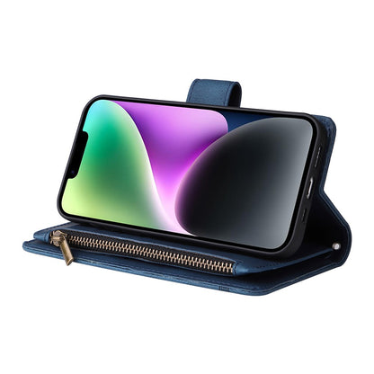 For iPhone 15 Plus Zipper Pocket Phone Case Imprinted Skin-touch Wallet Stand Multiple Card Slots PU Leather Cover