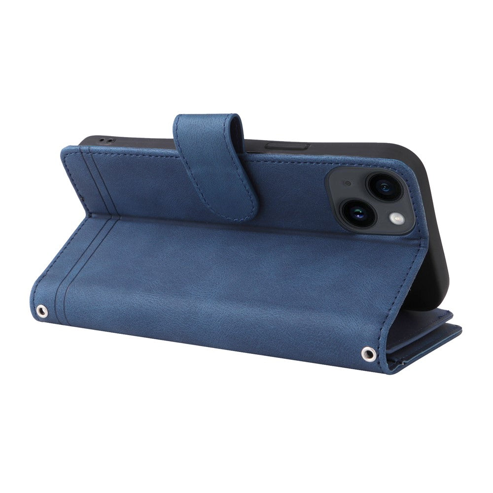 For iPhone 15 Plus Zipper Pocket Phone Case Imprinted Skin-touch Wallet Stand Multiple Card Slots PU Leather Cover
