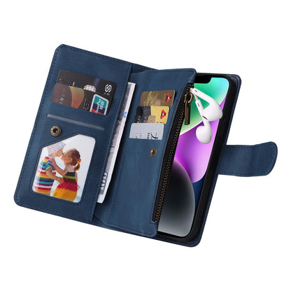For iPhone 15 Plus Zipper Pocket Phone Case Imprinted Skin-touch Wallet Stand Multiple Card Slots PU Leather Cover