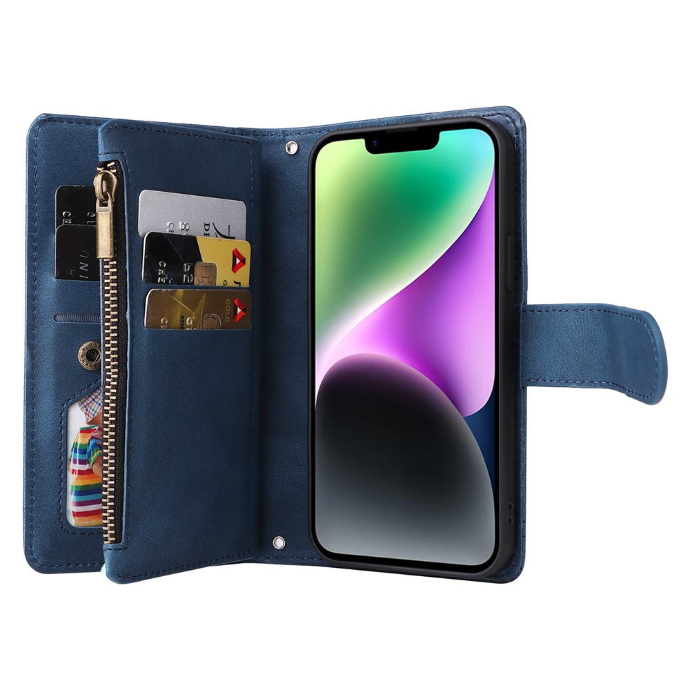 For iPhone 15 Plus Zipper Pocket Phone Case Imprinted Skin-touch Wallet Stand Multiple Card Slots PU Leather Cover