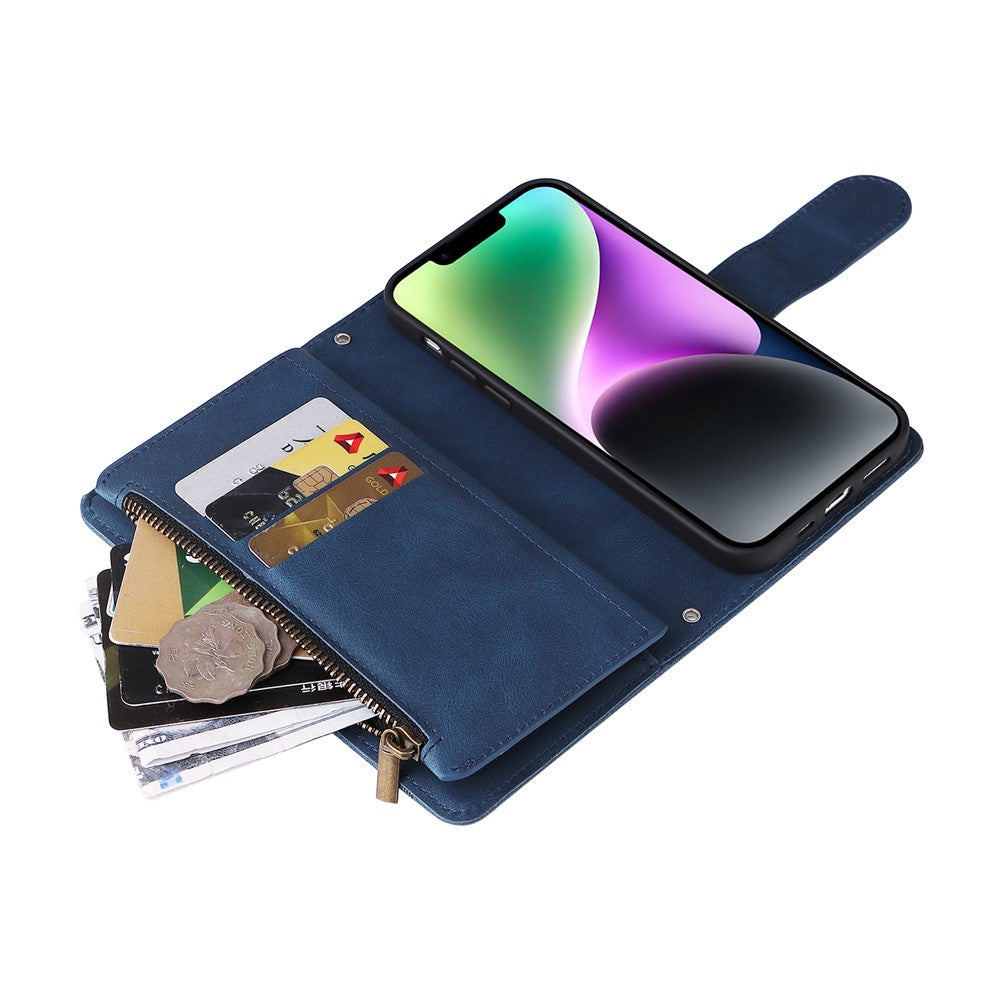 For iPhone 15 Plus Zipper Pocket Phone Case Imprinted Skin-touch Wallet Stand Multiple Card Slots PU Leather Cover