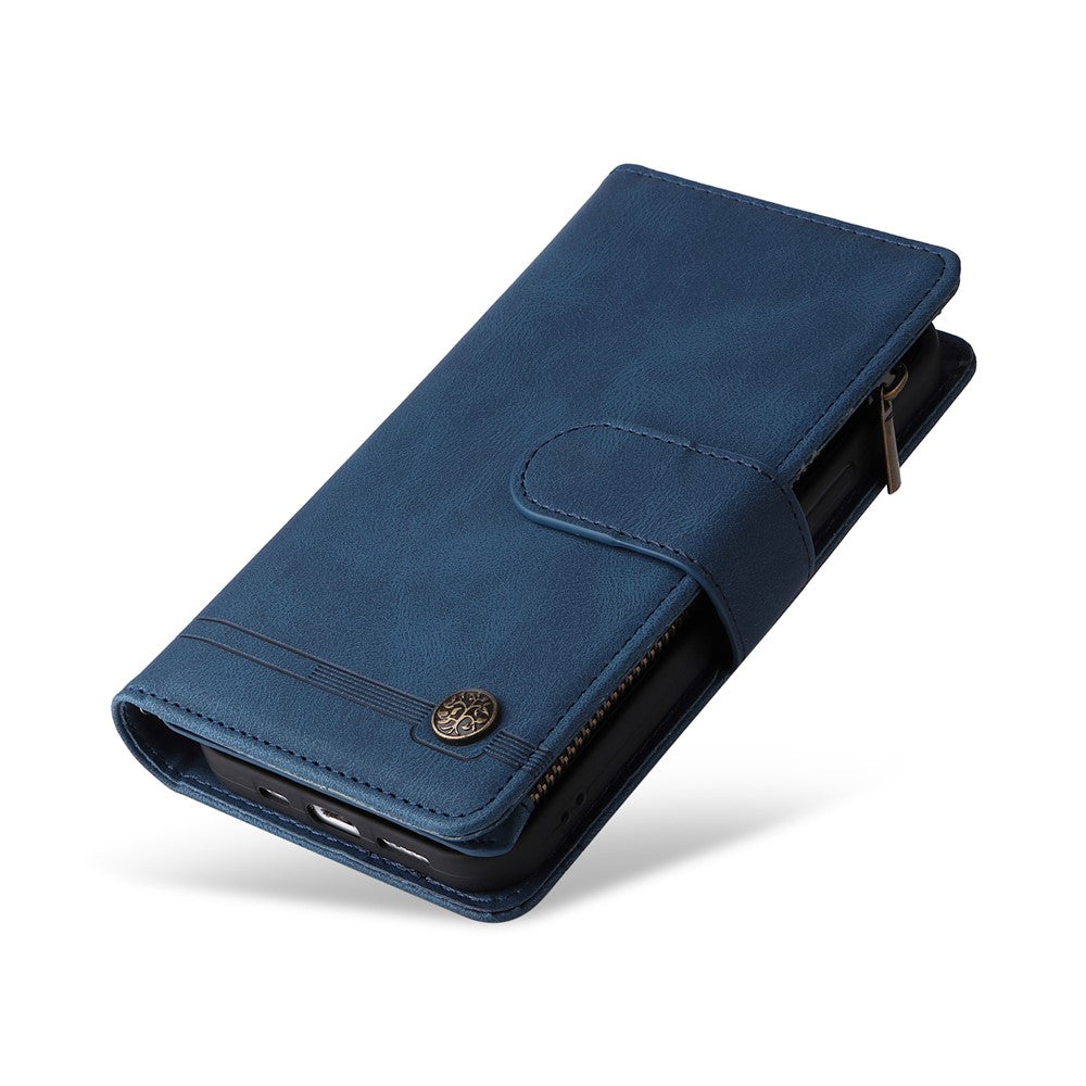 For iPhone 15 Plus Zipper Pocket Phone Case Imprinted Skin-touch Wallet Stand Multiple Card Slots PU Leather Cover