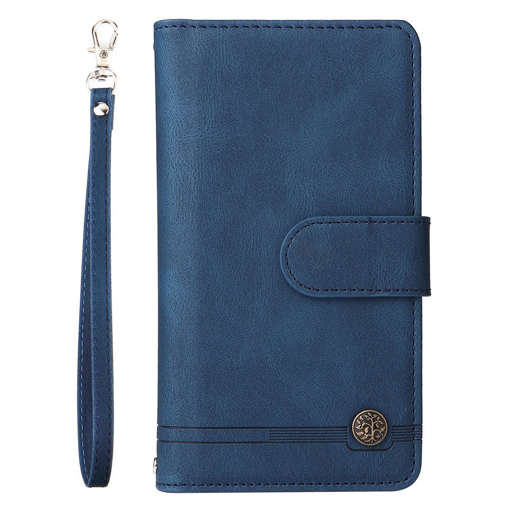 For iPhone 15 Plus Zipper Pocket Phone Case Imprinted Skin-touch Wallet Stand Multiple Card Slots PU Leather Cover
