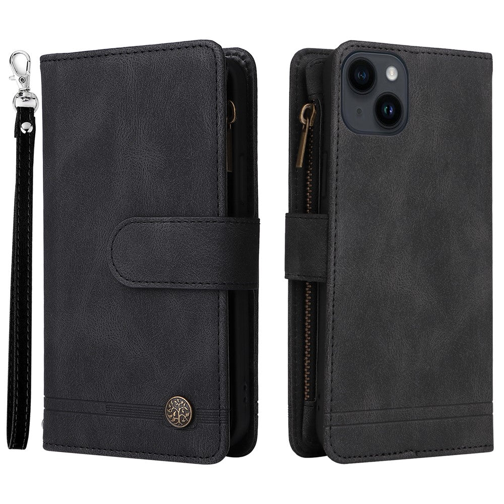 For iPhone 15 Plus Zipper Pocket Phone Case Imprinted Skin-touch Wallet Stand Multiple Card Slots PU Leather Cover