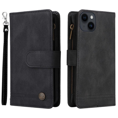 For iPhone 15 Plus Zipper Pocket Phone Case Imprinted Skin-touch Wallet Stand Multiple Card Slots PU Leather Cover