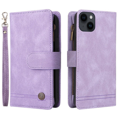 For iPhone 15 Plus Zipper Pocket Phone Case Imprinted Skin-touch Wallet Stand Multiple Card Slots PU Leather Cover