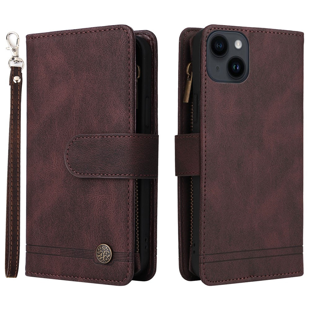 For iPhone 15 Plus Zipper Pocket Phone Case Imprinted Skin-touch Wallet Stand Multiple Card Slots PU Leather Cover