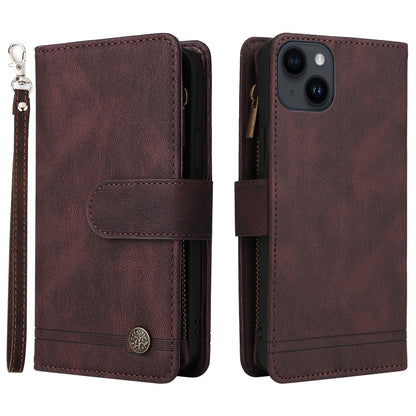 For iPhone 15 Plus Zipper Pocket Phone Case Imprinted Skin-touch Wallet Stand Multiple Card Slots PU Leather Cover