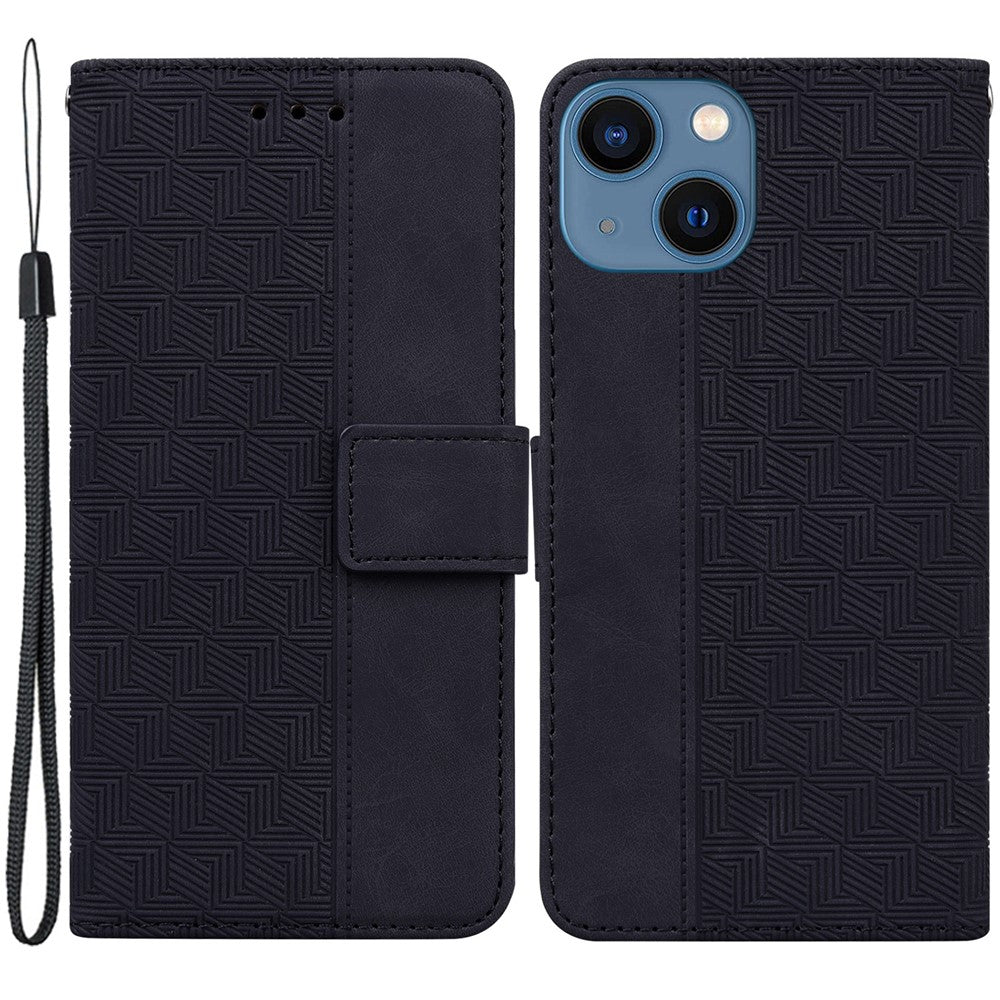 For iPhone 15 Plus Anti-drop Geometry Imprinted PU Leather Wallet Stand Phone Shell Mobile Case