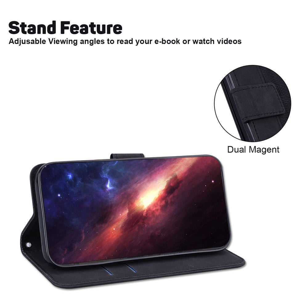 For iPhone 15 Plus Anti-drop Geometry Imprinted PU Leather Wallet Stand Phone Shell Mobile Case