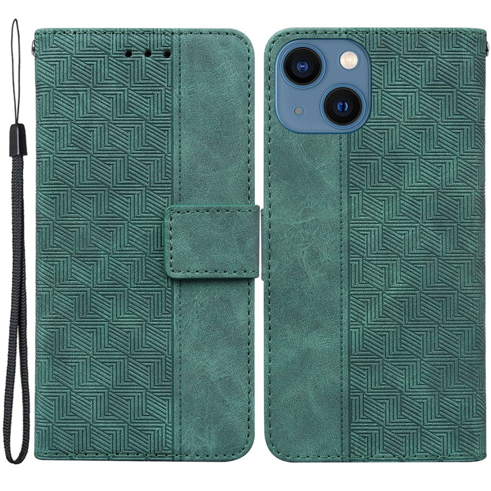 For iPhone 15 Plus Anti-drop Geometry Imprinted PU Leather Wallet Stand Phone Shell Mobile Case