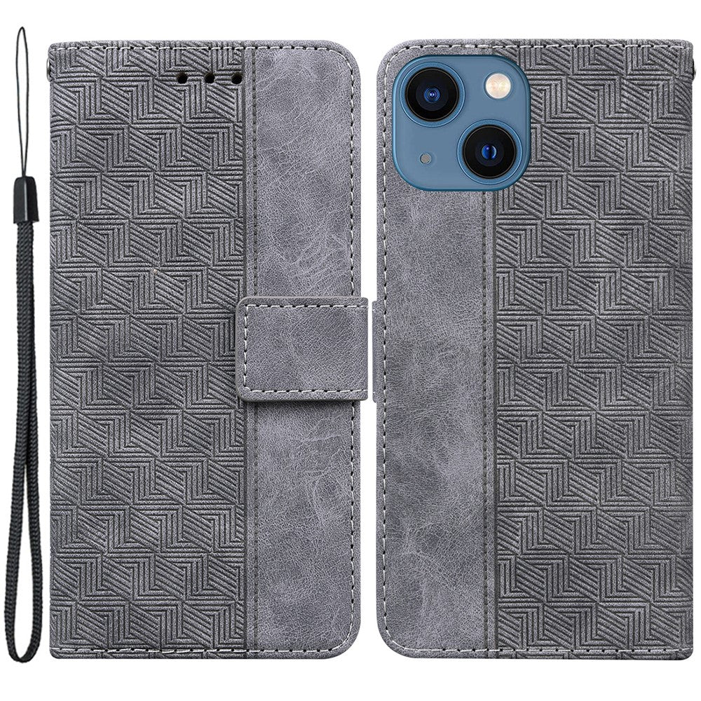 For iPhone 15 Plus Anti-drop Geometry Imprinted PU Leather Wallet Stand Phone Shell Mobile Case