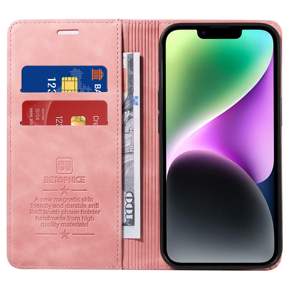 BETOPNICE 003 PU Leather Flip Cover for iPhone 15 Plus , RFID Blocking Stand Wallet Phone Case