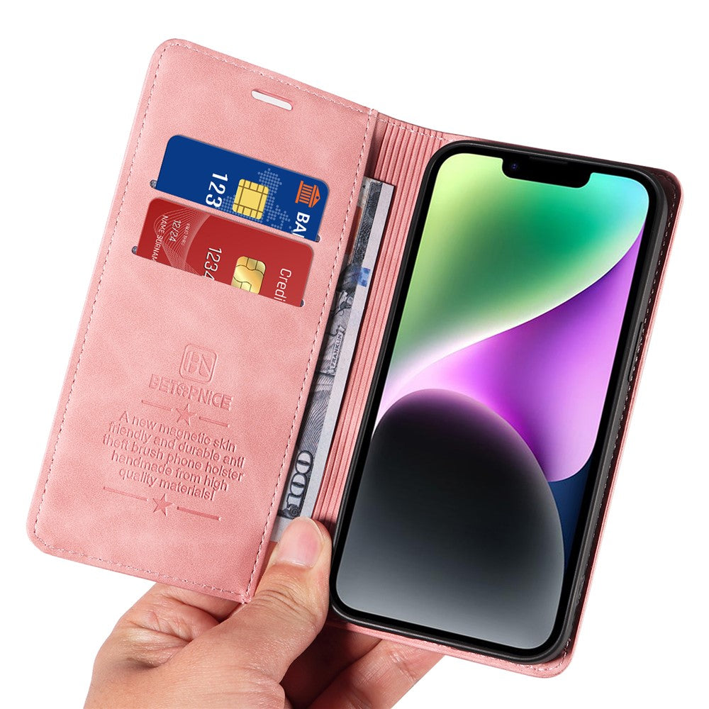 BETOPNICE 003 PU Leather Flip Cover for iPhone 15 Plus , RFID Blocking Stand Wallet Phone Case