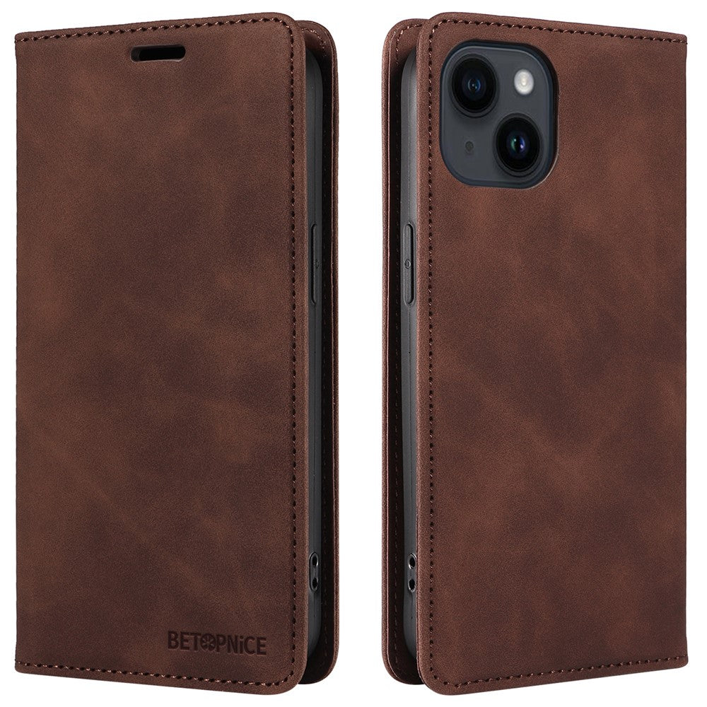 BETOPNICE 003 PU Leather Flip Cover for iPhone 15 Plus , RFID Blocking Stand Wallet Phone Case