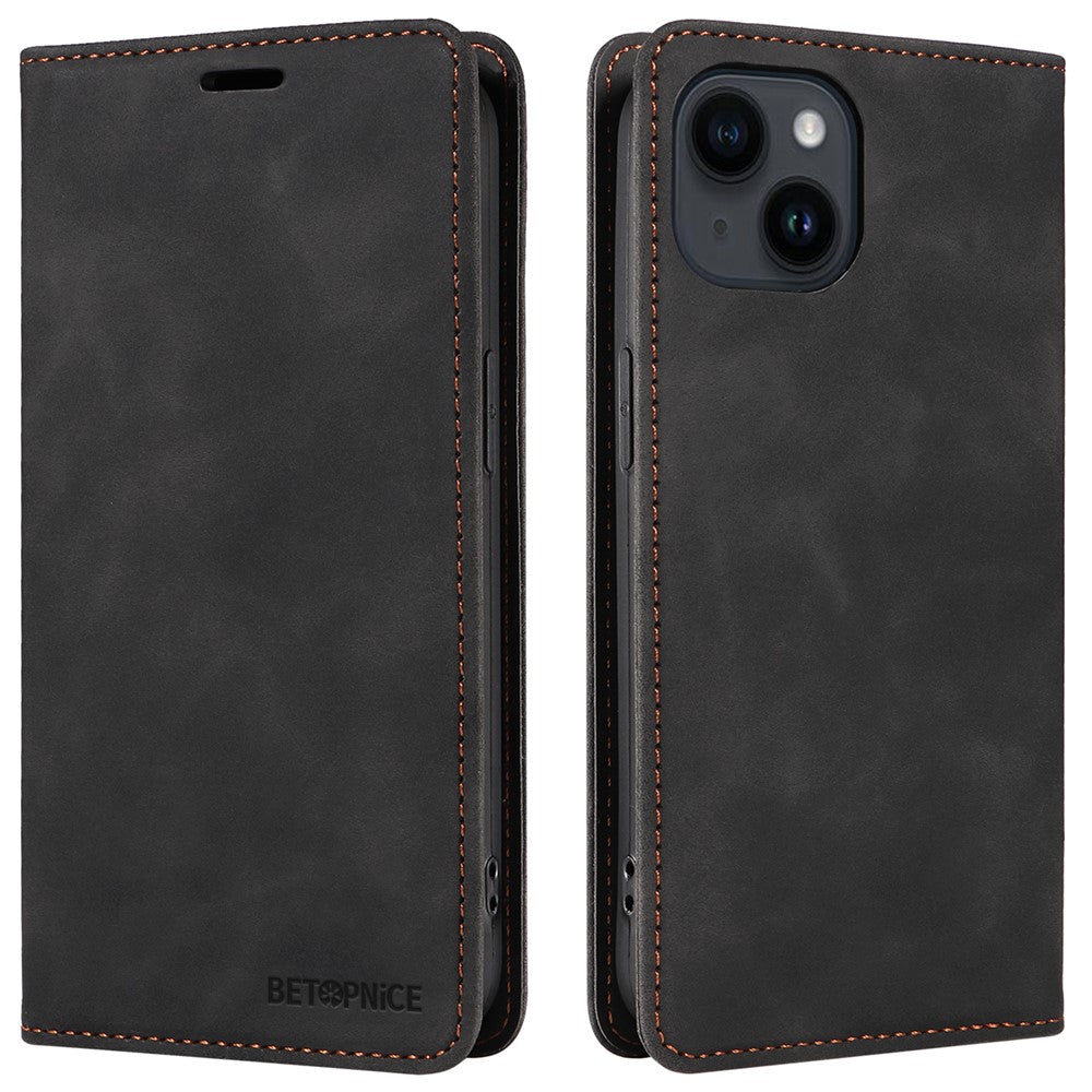 BETOPNICE 003 PU Leather Flip Cover for iPhone 15 Plus , RFID Blocking Stand Wallet Phone Case