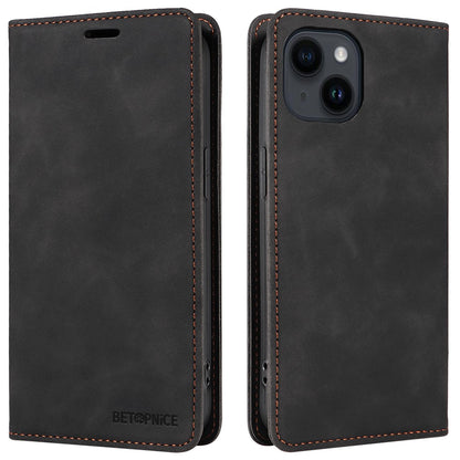 BETOPNICE 003 PU Leather Flip Cover for iPhone 15 Plus , RFID Blocking Stand Wallet Phone Case