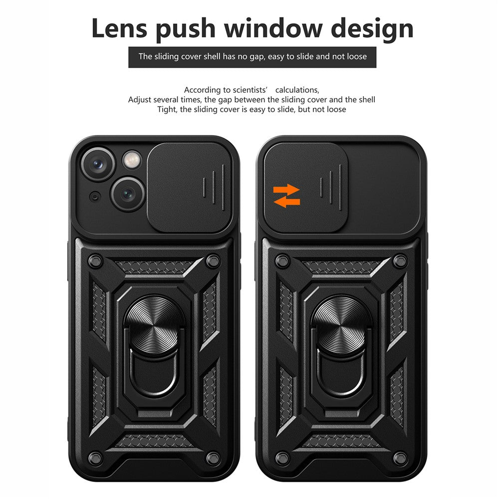 For iPhone 15 Slide Camera Lens Cover Shockproof Mobile Phone Case PC+TPU Kickstand Phone Shell