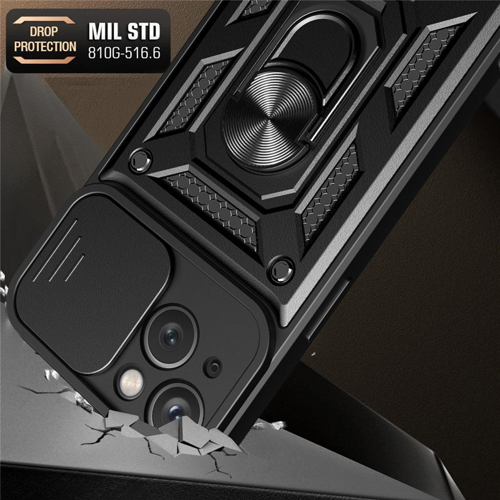 For iPhone 15 Slide Camera Lens Cover Shockproof Mobile Phone Case PC+TPU Kickstand Phone Shell