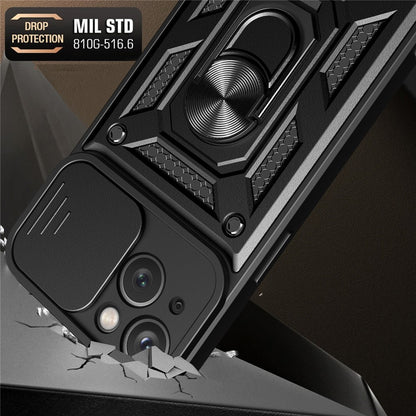 For iPhone 15 Slide Camera Lens Cover Shockproof Mobile Phone Case PC+TPU Kickstand Phone Shell