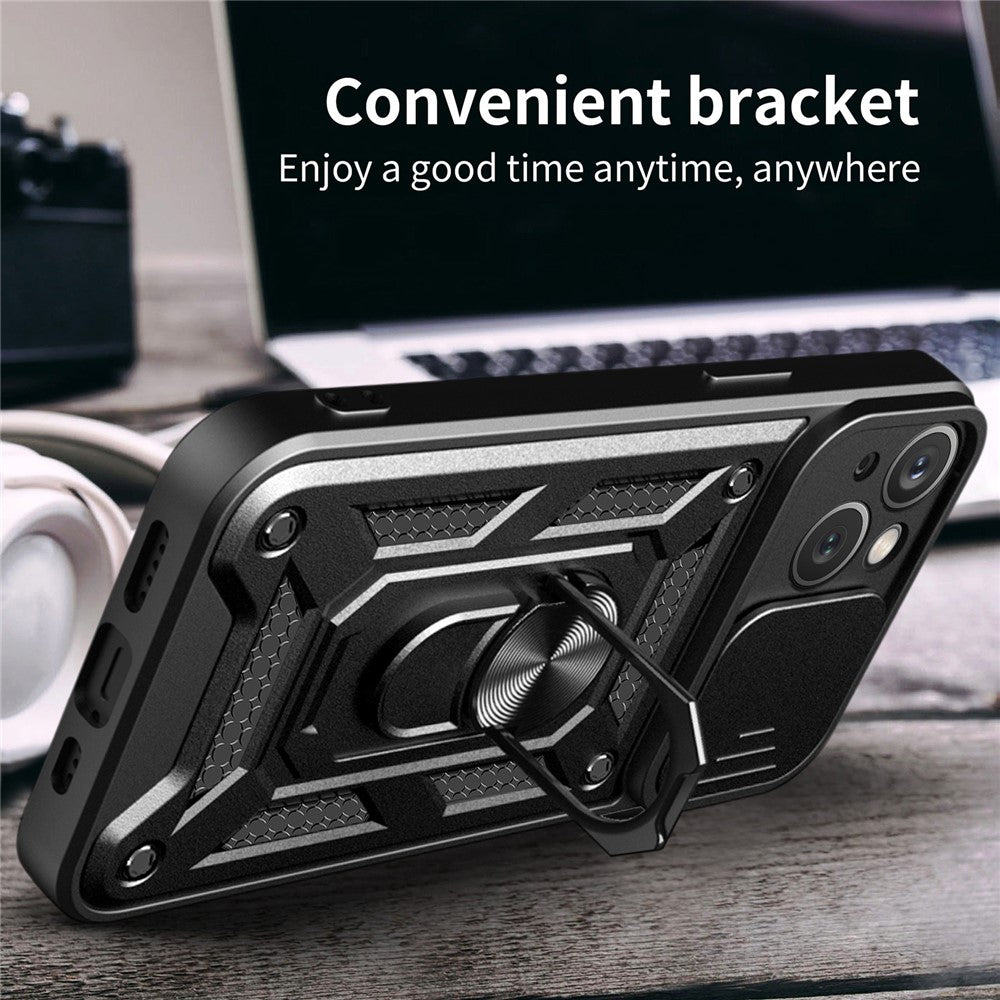 For iPhone 15 Slide Camera Lens Cover Shockproof Mobile Phone Case PC+TPU Kickstand Phone Shell