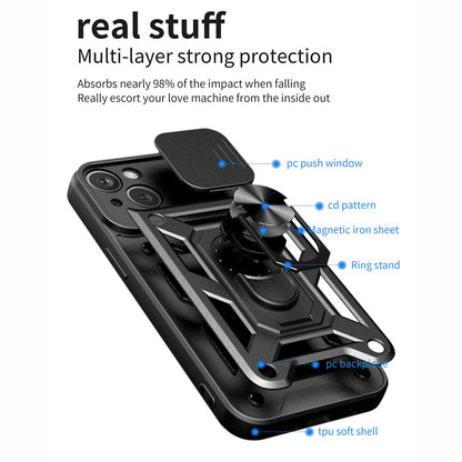 For iPhone 15 Slide Camera Lens Cover Shockproof Mobile Phone Case PC+TPU Kickstand Phone Shell