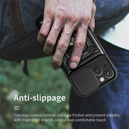 For iPhone 15 Slide Camera Lens Cover Shockproof Mobile Phone Case PC+TPU Kickstand Phone Shell