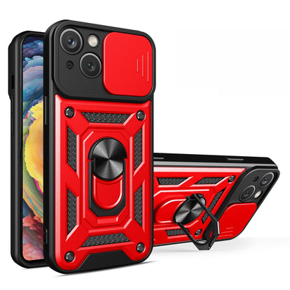 For iPhone 15 Slide Camera Lens Cover Shockproof Mobile Phone Case PC+TPU Kickstand Phone Shell
