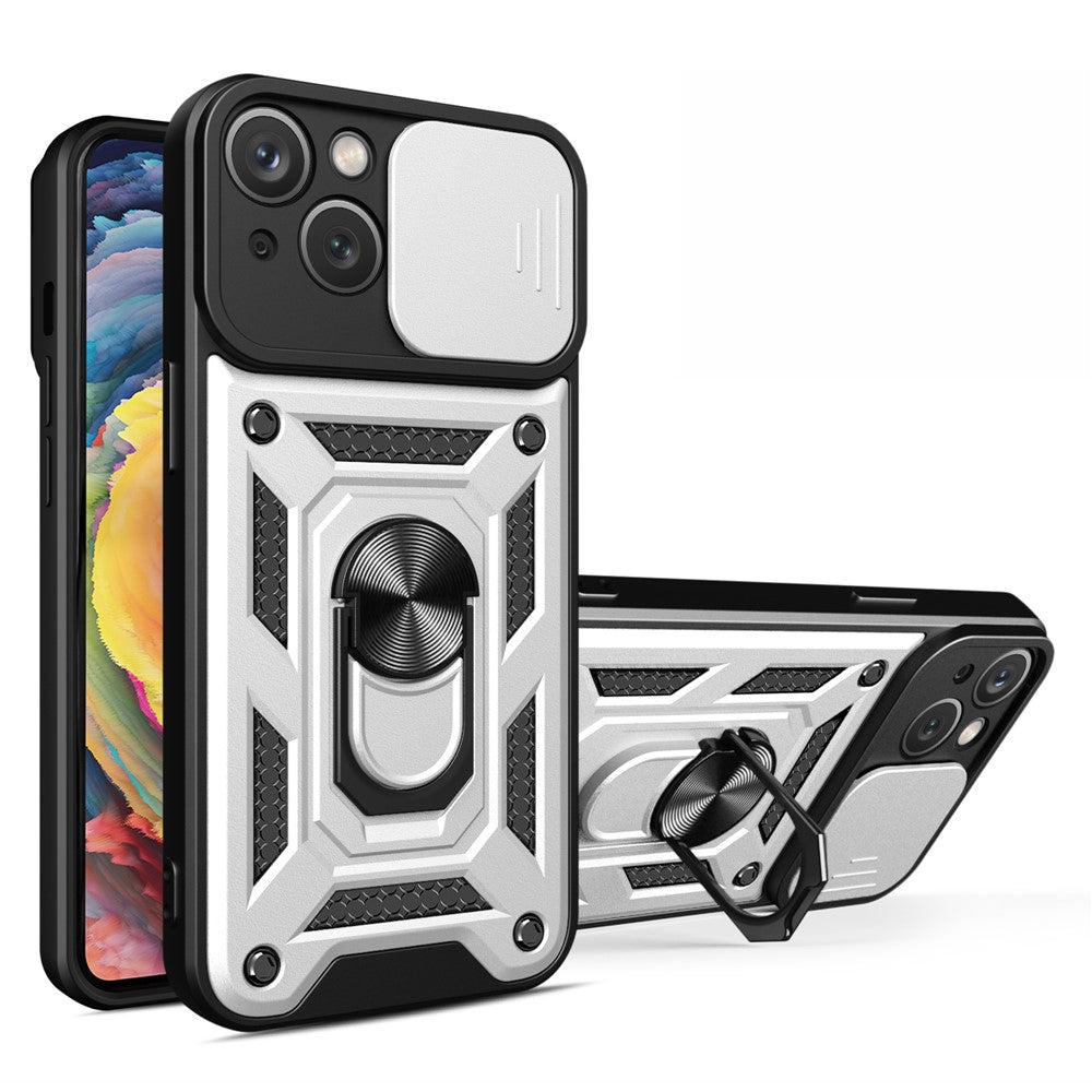For iPhone 15 Slide Camera Lens Cover Shockproof Mobile Phone Case PC+TPU Kickstand Phone Shell