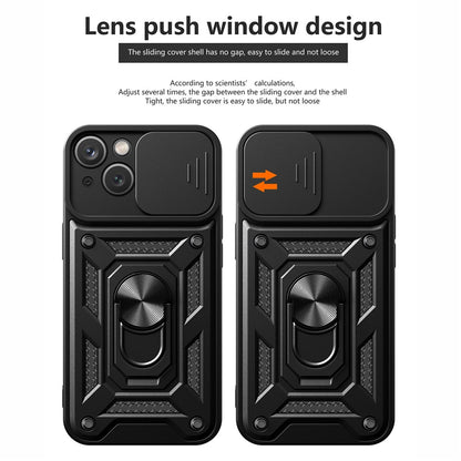 For iPhone 15 Plus Anti-Fingerprint Phone Case PC+TPU Kickstand Cover with Rear Lens Protection