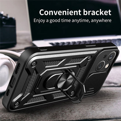For iPhone 15 Plus Anti-Fingerprint Phone Case PC+TPU Kickstand Cover with Rear Lens Protection