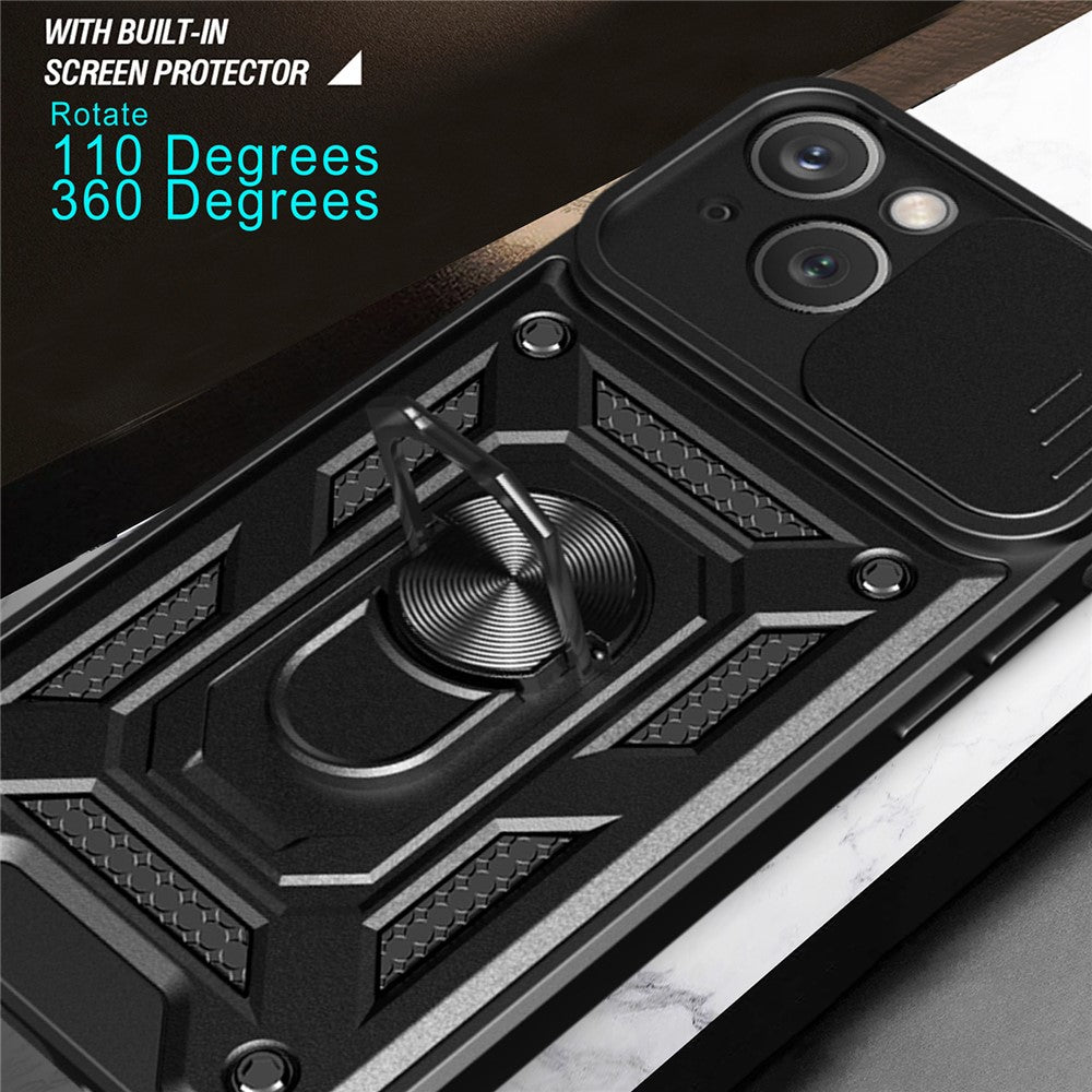 For iPhone 15 Plus Anti-Fingerprint Phone Case PC+TPU Kickstand Cover with Rear Lens Protection