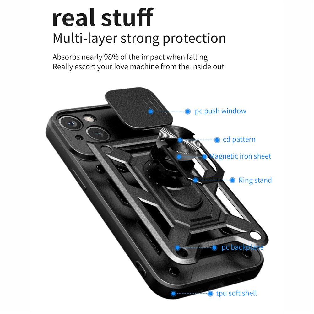 For iPhone 15 Plus Anti-Fingerprint Phone Case PC+TPU Kickstand Cover with Rear Lens Protection