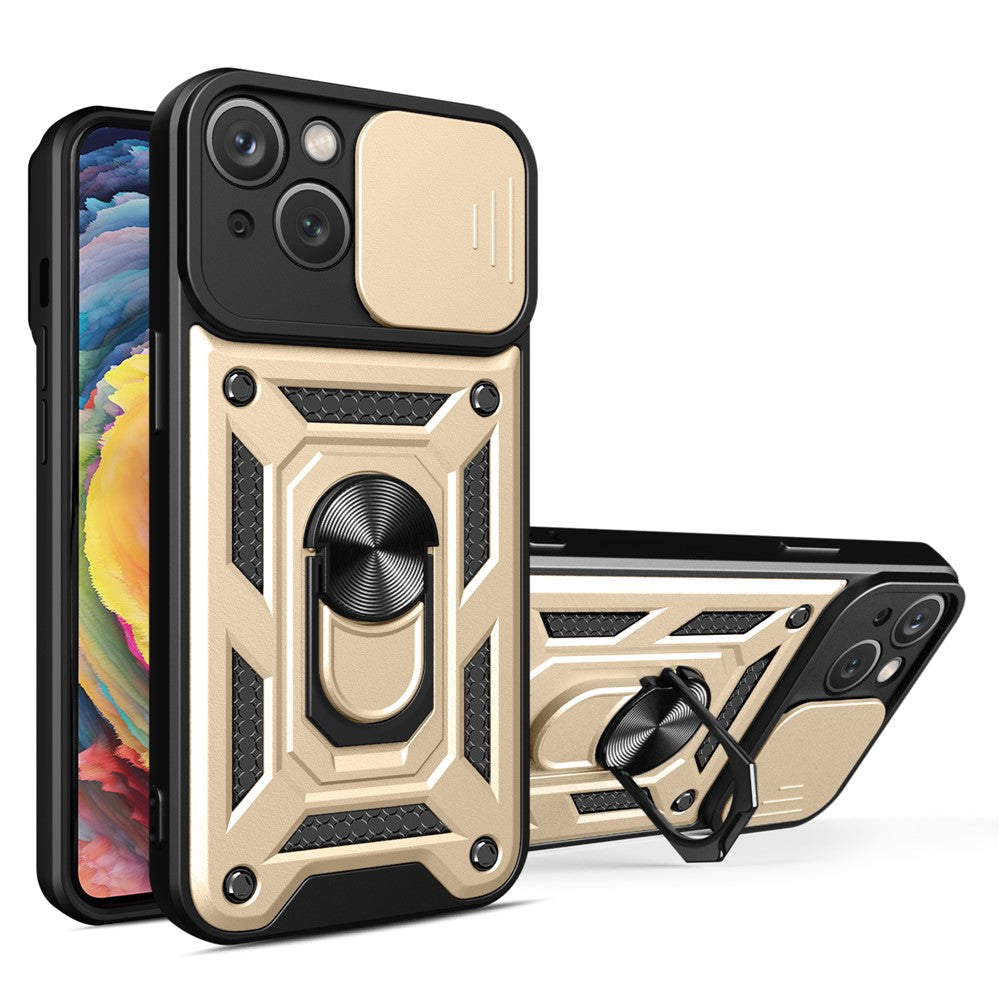 For iPhone 15 Plus Anti-Fingerprint Phone Case PC+TPU Kickstand Cover with Rear Lens Protection