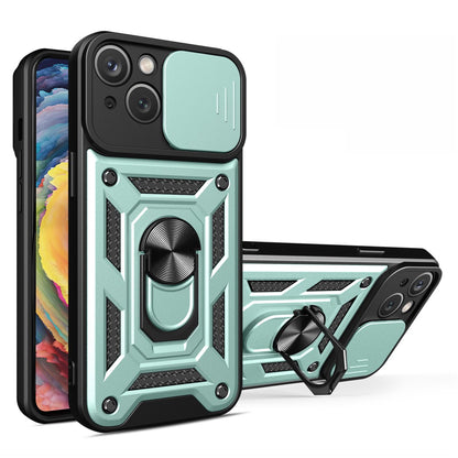 For iPhone 15 Plus Anti-Fingerprint Phone Case PC+TPU Kickstand Cover with Rear Lens Protection