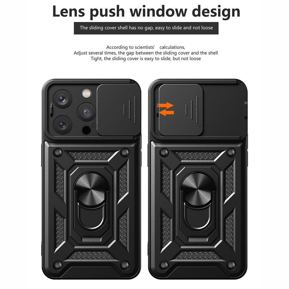 For iPhone 15 Pro Max Camera Lens Slide Design Phone Case PC+TPU Kickstand Cover