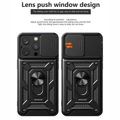 For iPhone 15 Pro Max Camera Lens Slide Design Phone Case PC+TPU Kickstand Cover