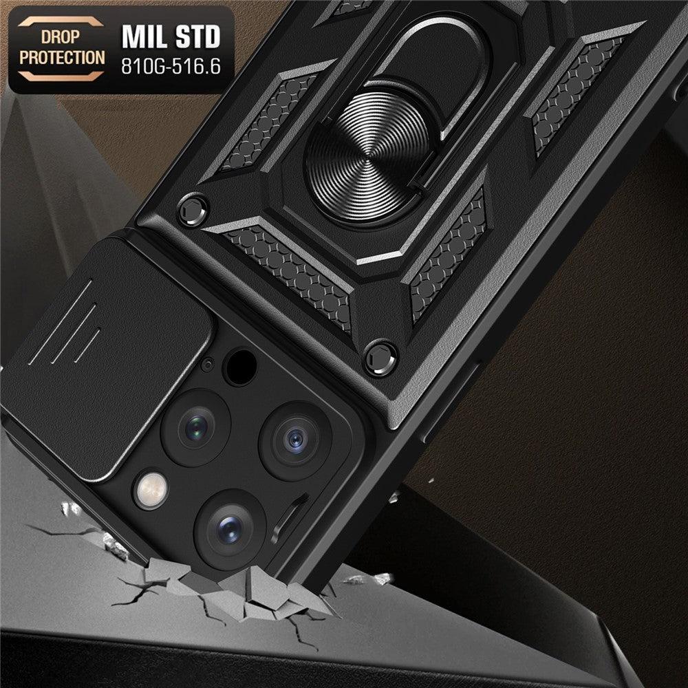 For iPhone 15 Pro Max Camera Lens Slide Design Phone Case PC+TPU Kickstand Cover