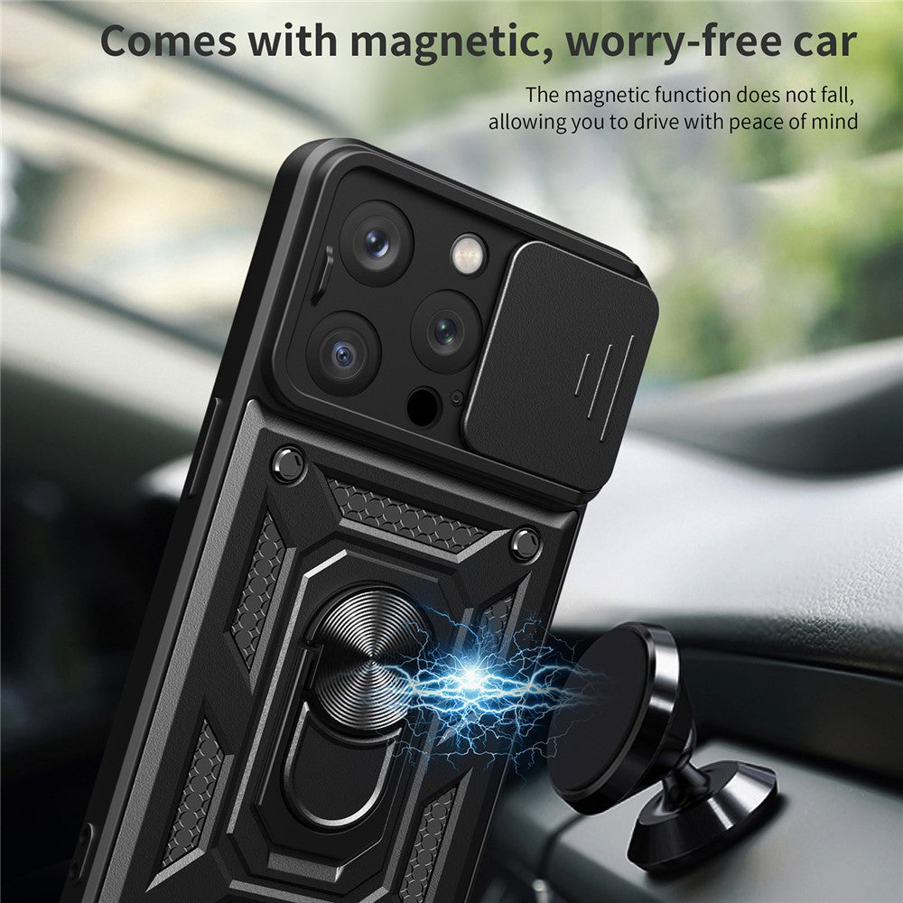For iPhone 15 Pro Max Camera Lens Slide Design Phone Case PC+TPU Kickstand Cover