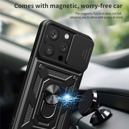 For iPhone 15 Pro Max Camera Lens Slide Design Phone Case PC+TPU Kickstand Cover