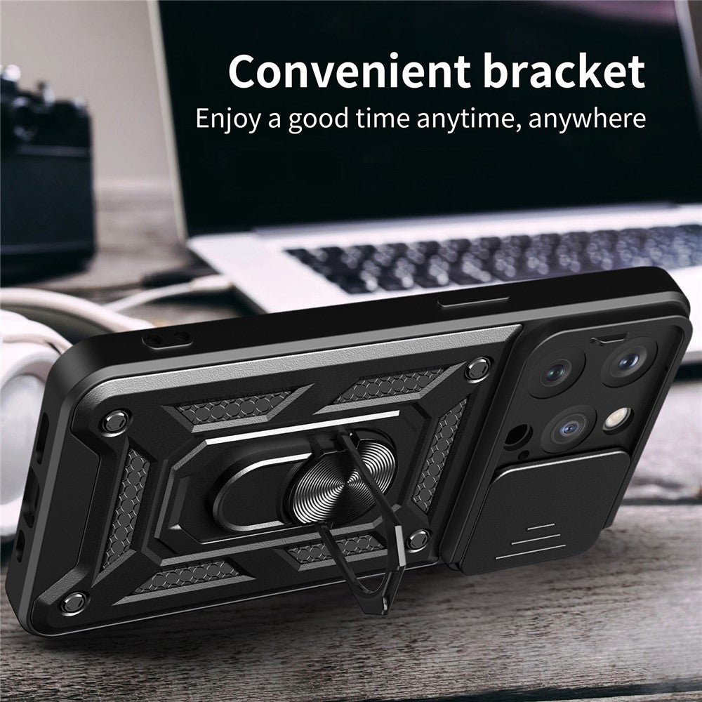 For iPhone 15 Pro Max Camera Lens Slide Design Phone Case PC+TPU Kickstand Cover